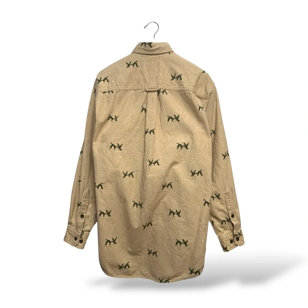 Woolrich Tan Button-Up Shirt with Green Pattern, Large